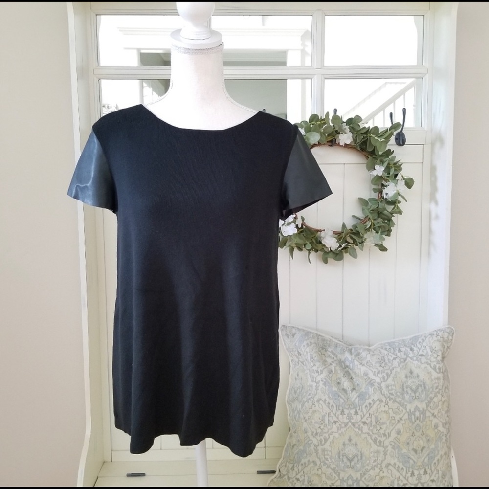 Zara Dark Hunter Green Ribbed Knit Sweater with Leather Sleeves